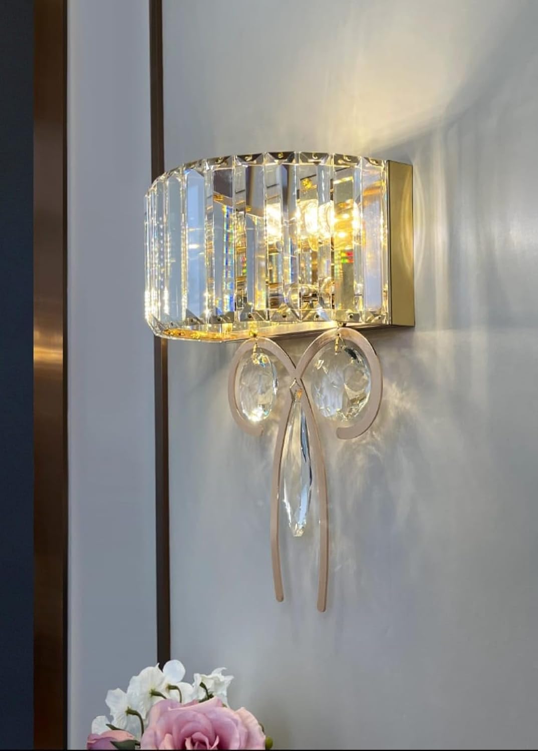 Antique Brass Finish Bow Shape Crystal Wall Lamp