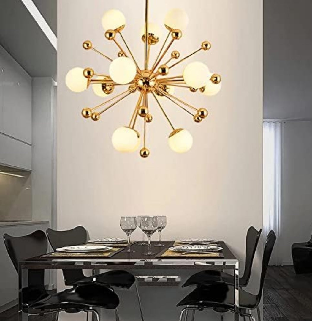 12 Light Gold Frosted Glass Chandelier - Warm White
